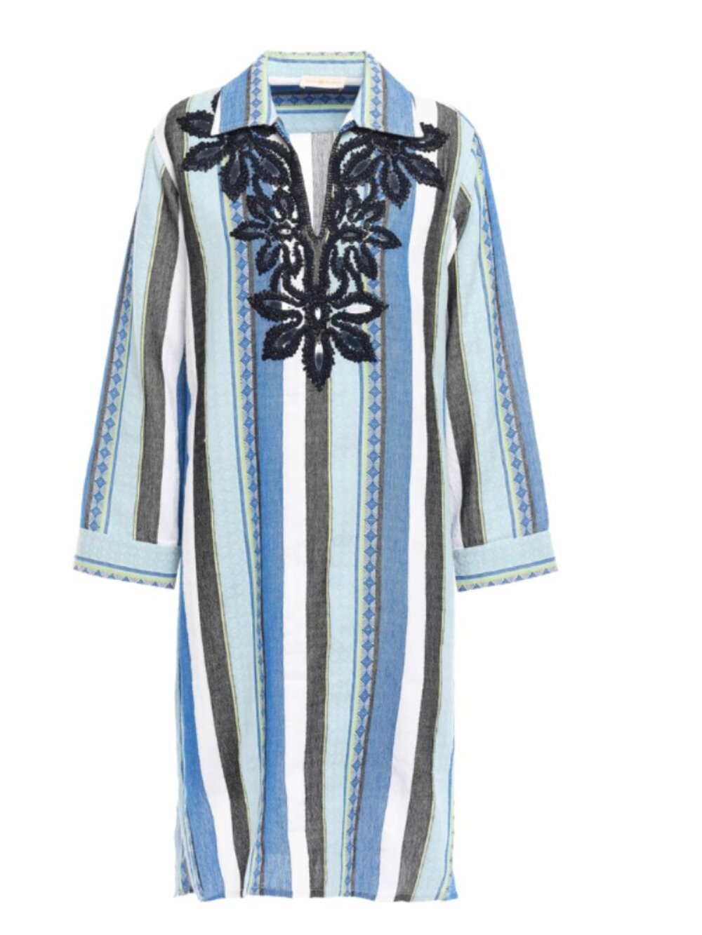 TORY BURCH Blue Filipa Embellished Embroidered Striped Cotton Jacquard Dress. 6